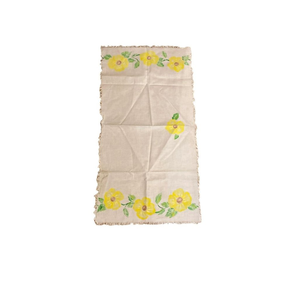 Vintage Needle Painted yellow flower table runner raw edge